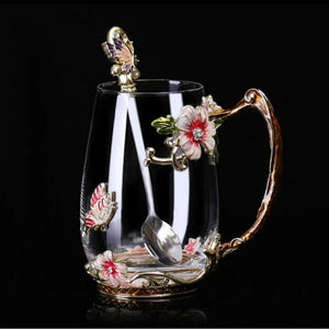 Beautiful Flower Tea Glass Mug Enamel Coffee Cup and Mug for Hot and Cold Drinks Home Tea Cup Spoon Set Perfect Gift for Mom