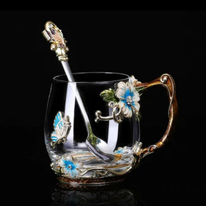 Beautiful Flower Tea Glass Mug Enamel Coffee Cup and Mug for Hot and Cold Drinks Home Tea Cup Spoon Set Perfect Gift for Mom