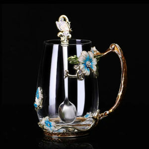 Beautiful Flower Tea Glass Mug Enamel Coffee Cup and Mug for Hot and Cold Drinks Home Tea Cup Spoon Set Perfect Gift for Mom