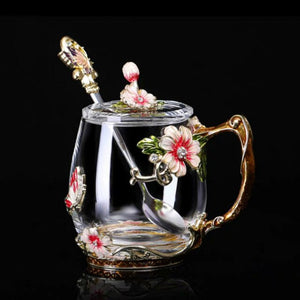 Beautiful Flower Tea Glass Mug Enamel Coffee Cup and Mug for Hot and Cold Drinks Home Tea Cup Spoon Set Perfect Gift for Mom