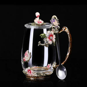 Beautiful Flower Tea Glass Mug Enamel Coffee Cup and Mug for Hot and Cold Drinks Home Tea Cup Spoon Set Perfect Gift for Mom