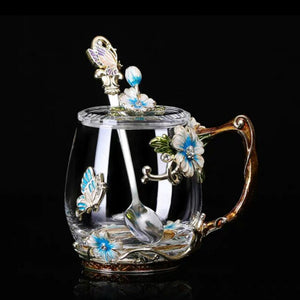 Beautiful Flower Tea Glass Mug Enamel Coffee Cup and Mug for Hot and Cold Drinks Home Tea Cup Spoon Set Perfect Gift for Mom