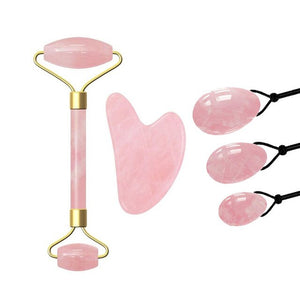 Jade Massage Roller - GuaSha Scraper, Yoni Egg Set Natural Rose Quartz - Face Massage Roller,  Kegel Exercise Jade egg