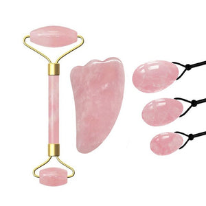 Jade Massage Roller - GuaSha Scraper, Yoni Egg Set Natural Rose Quartz - Face Massage Roller,  Kegel Exercise Jade egg