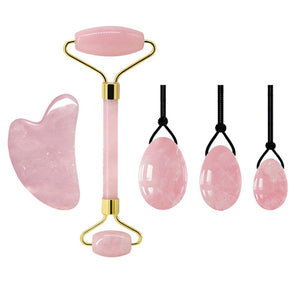 Jade Massage Roller - GuaSha Scraper, Yoni Egg Set Natural Rose Quartz - Face Massage Roller,  Kegel Exercise Jade egg